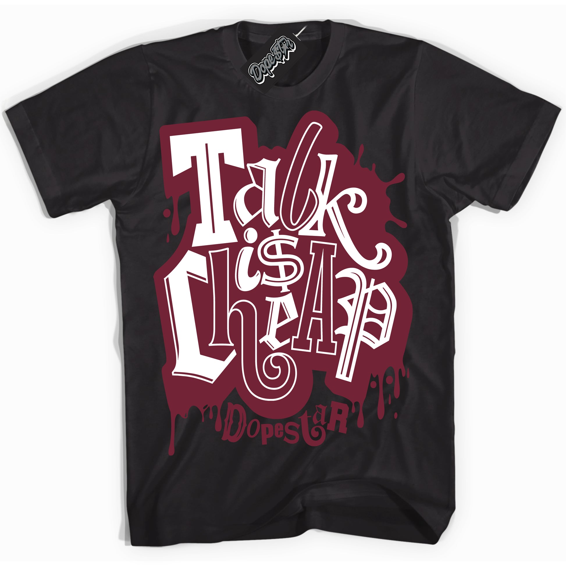 Cool Black Shirt with “Talk Is Cheap” design that perfectly matches the Rings Team Red 6s Jordans.