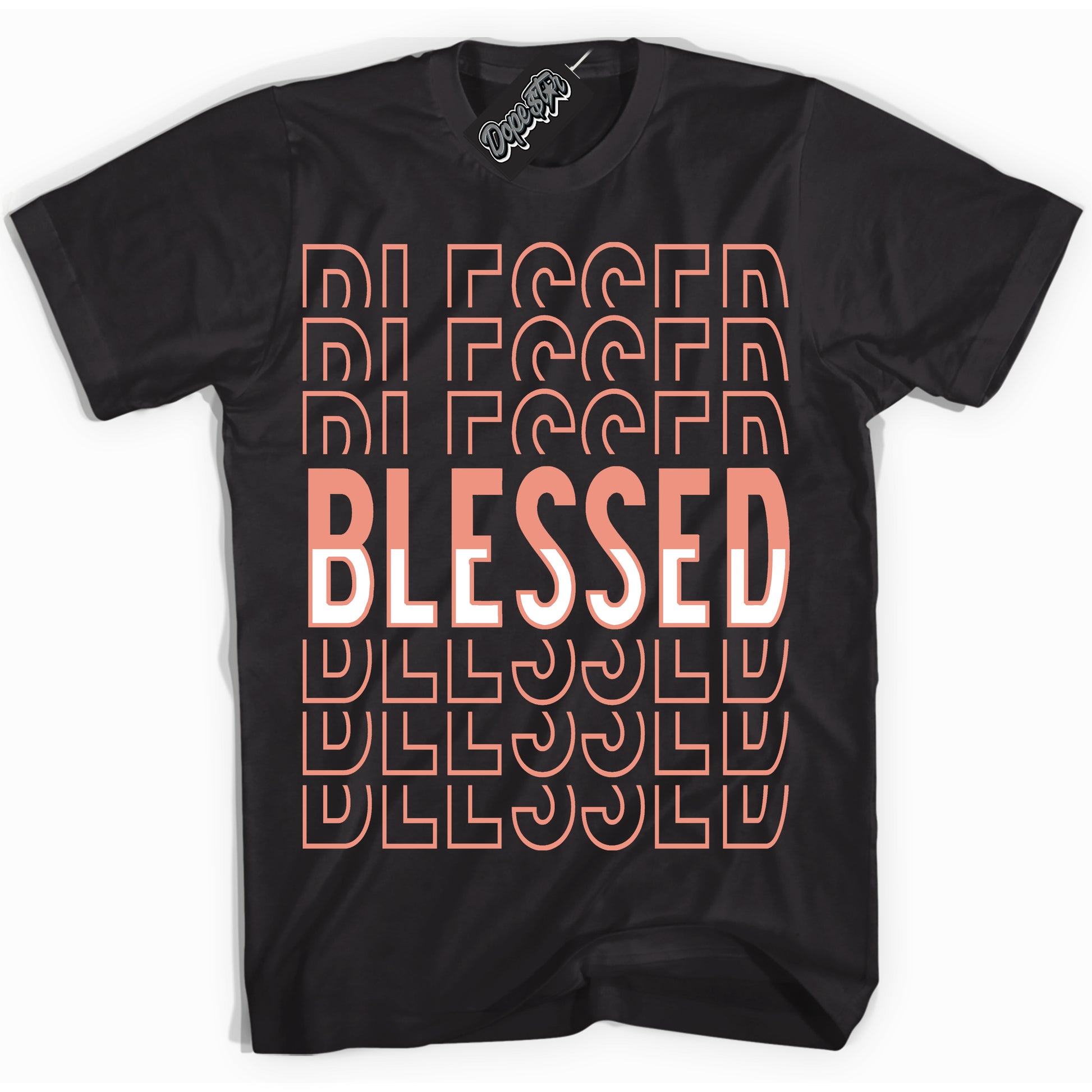 Cool Black Shirt with “Blessed Stacked” design that perfectly matches Light Wild Mango Dunk.
