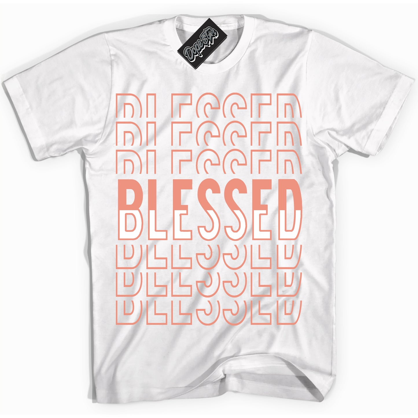 Cool White Shirt with “Blessed Stacked” design that perfectly matches Light Wild Mango Dunk.