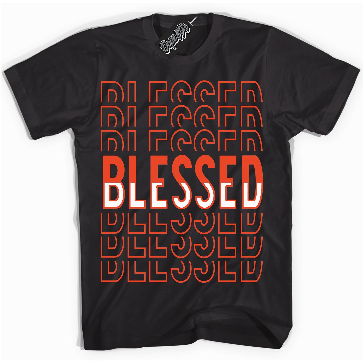 Cool Black Shirt with “Blessed Stacked” design that perfectly matches Cosmic Clay Dunk.