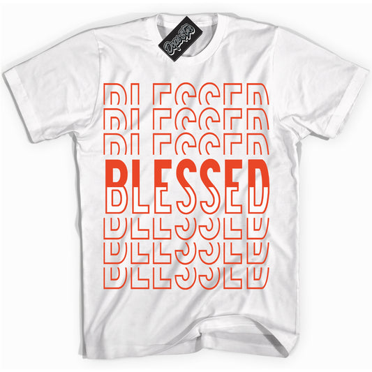 Cool White Shirt with “Blessed Stacked” design that perfectly matches Cosmic Clay Dunk.