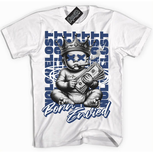 Cool White Shirt with “Born Envied” design that perfectly matches Diffused Blue 11s.