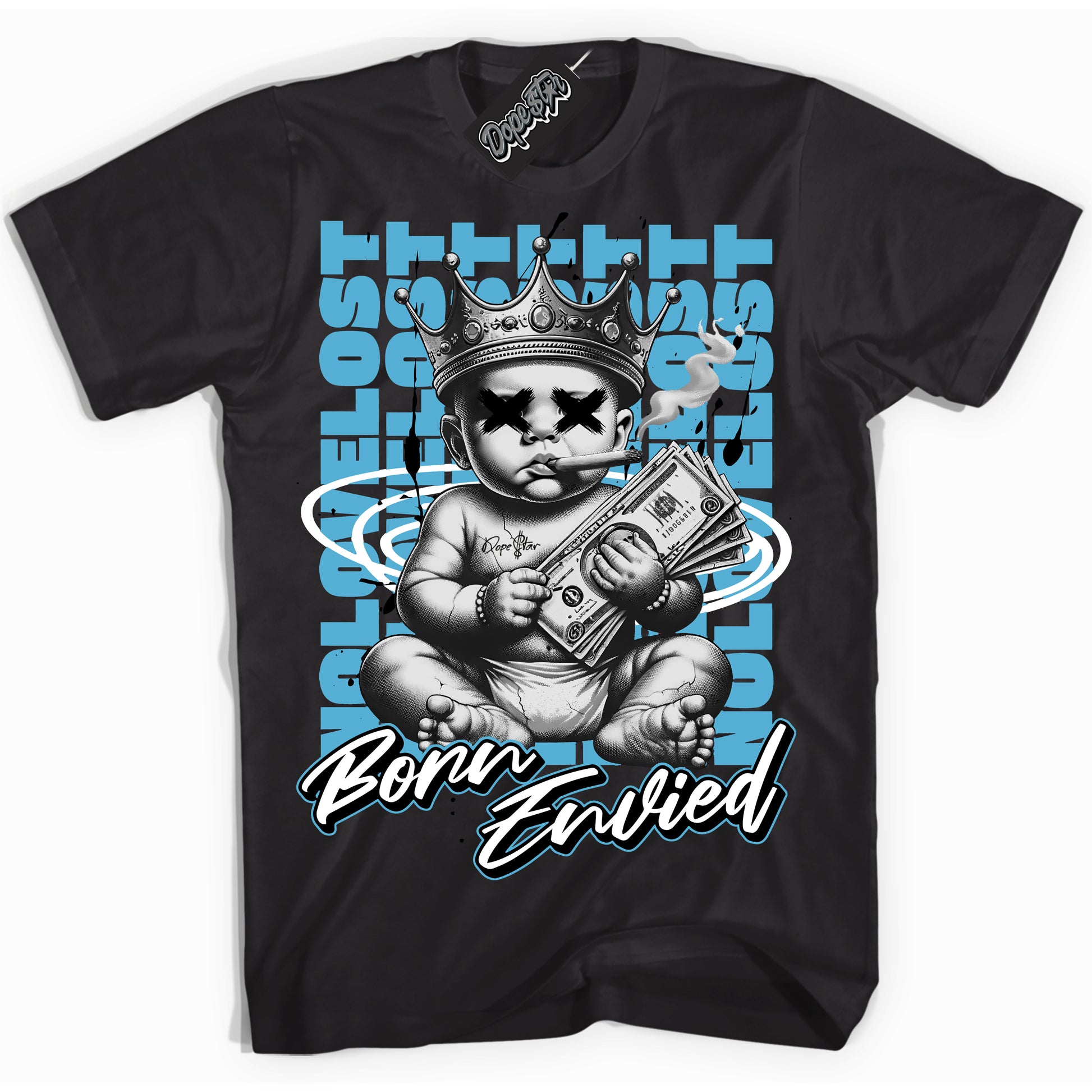 Cool Black Shirt with “Born Envied” design that perfectly matches Legend Blue 11s.