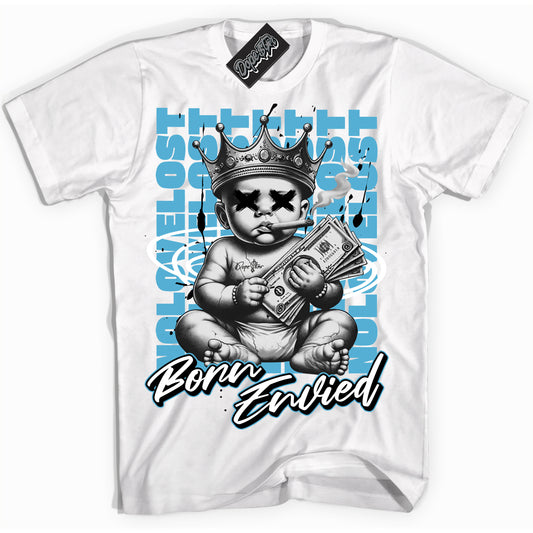 Cool White Shirt with “Born Envied” design that perfectly matches Legend Blue 11s.