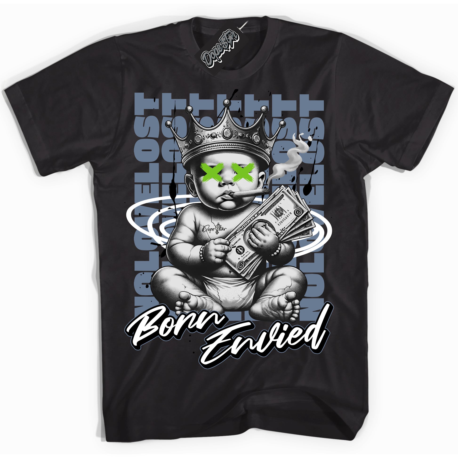 Cool Black Shirt with “Born Envied” design that perfectly matches Blue Grey 13s.