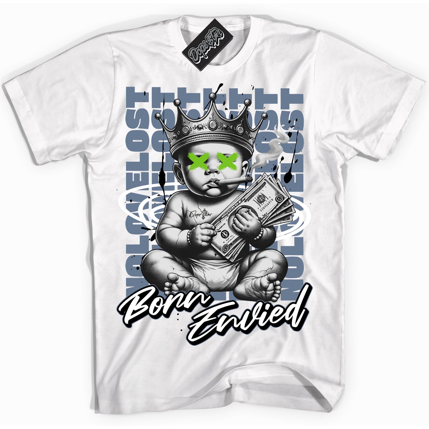 Cool White Shirt with “Born Envied” design that perfectly matches Blue Grey 13s.