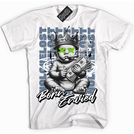 Cool White Shirt with “Born Envied” design that perfectly matches Blue Grey 13s.