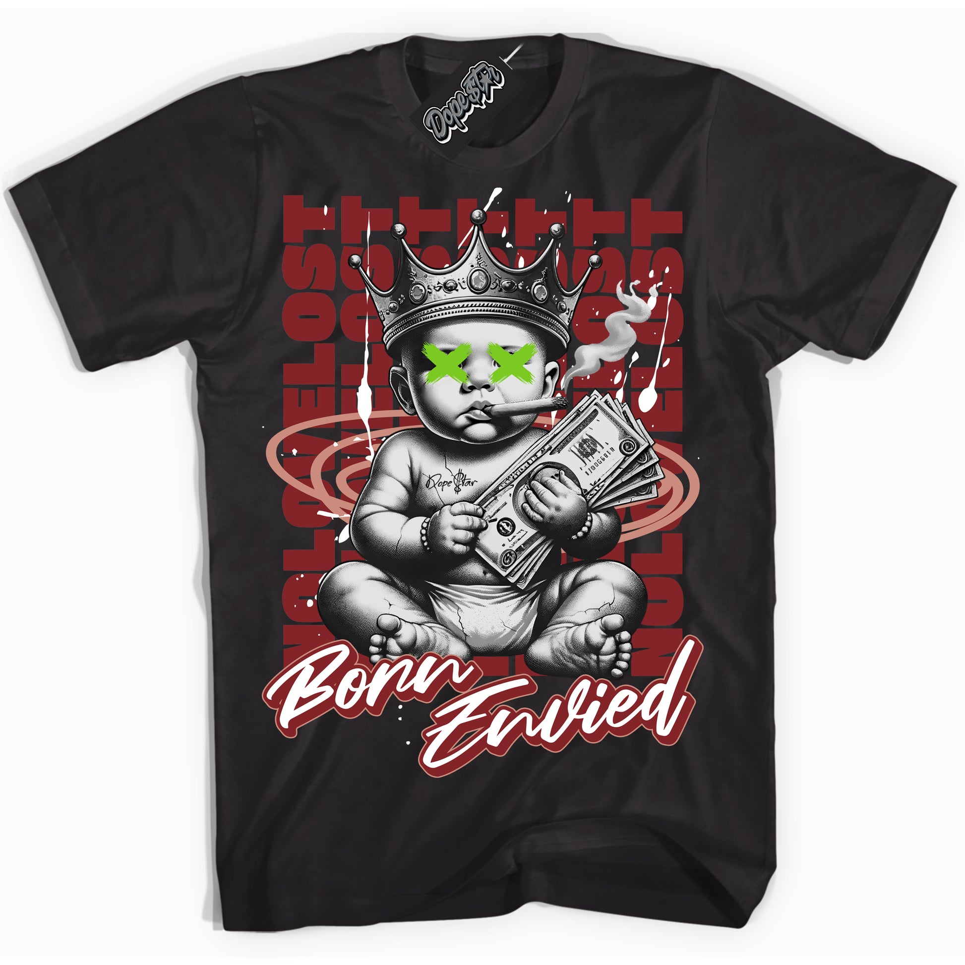 Cool Black Shirt with “Born Envied” design that perfectly matches Dune Red 13s.