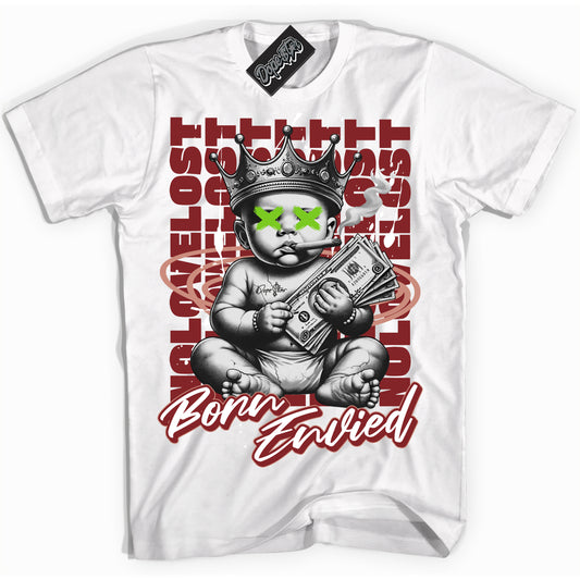 Cool White Shirt with “Born Envied” design that perfectly matches Dune Red 13s.