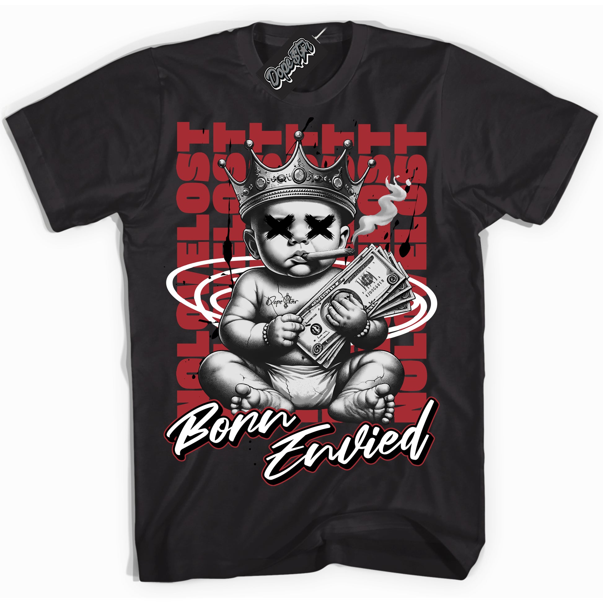 Cool Black Shirt with “Born Envied” design that perfectly matches Black Toe 14s.
