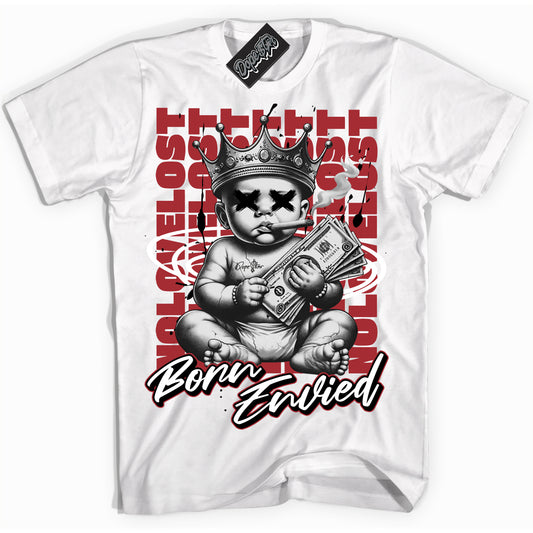 Cool White Shirt with “Born Envied” design that perfectly matches Black Toe 14s.