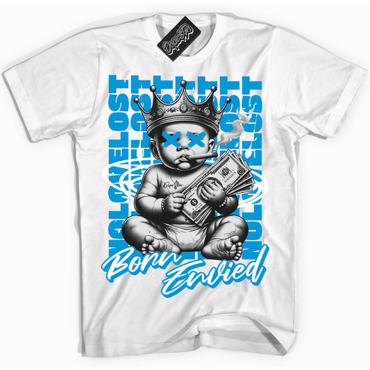 Cool White Shirt with “Born Envied” design that perfectly matches University Blue 17s.