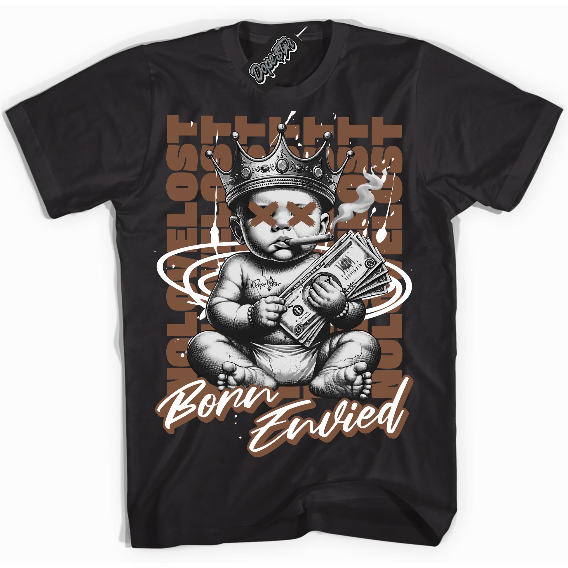 Cool Black Shirt with “Born Envied” design that perfectly matches Archaeo Brown White 1s.