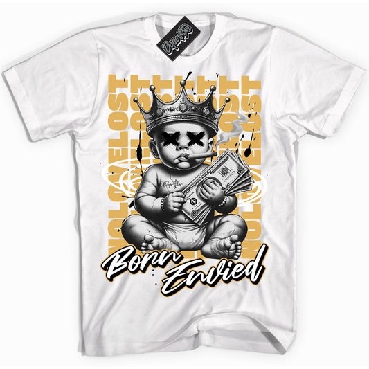 Cool White Shirt with “Born Envied” design that perfectly matches Gold Swoosh 1s.