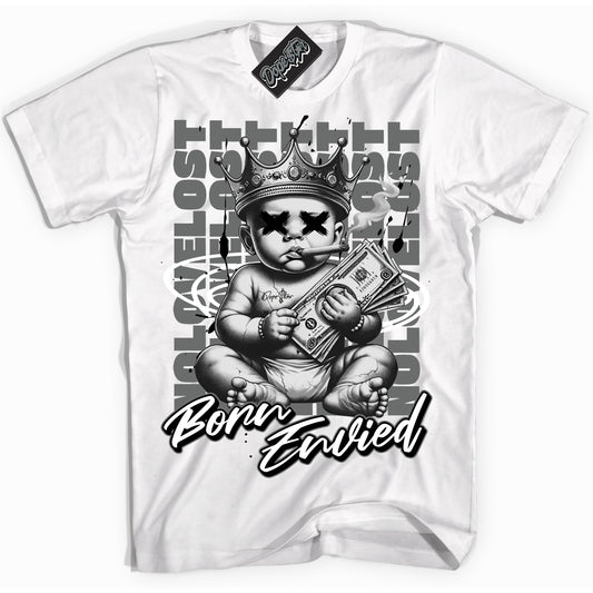 Cool White Shirt with “Born Envied” design that perfectly matches Iron Grey 1s.