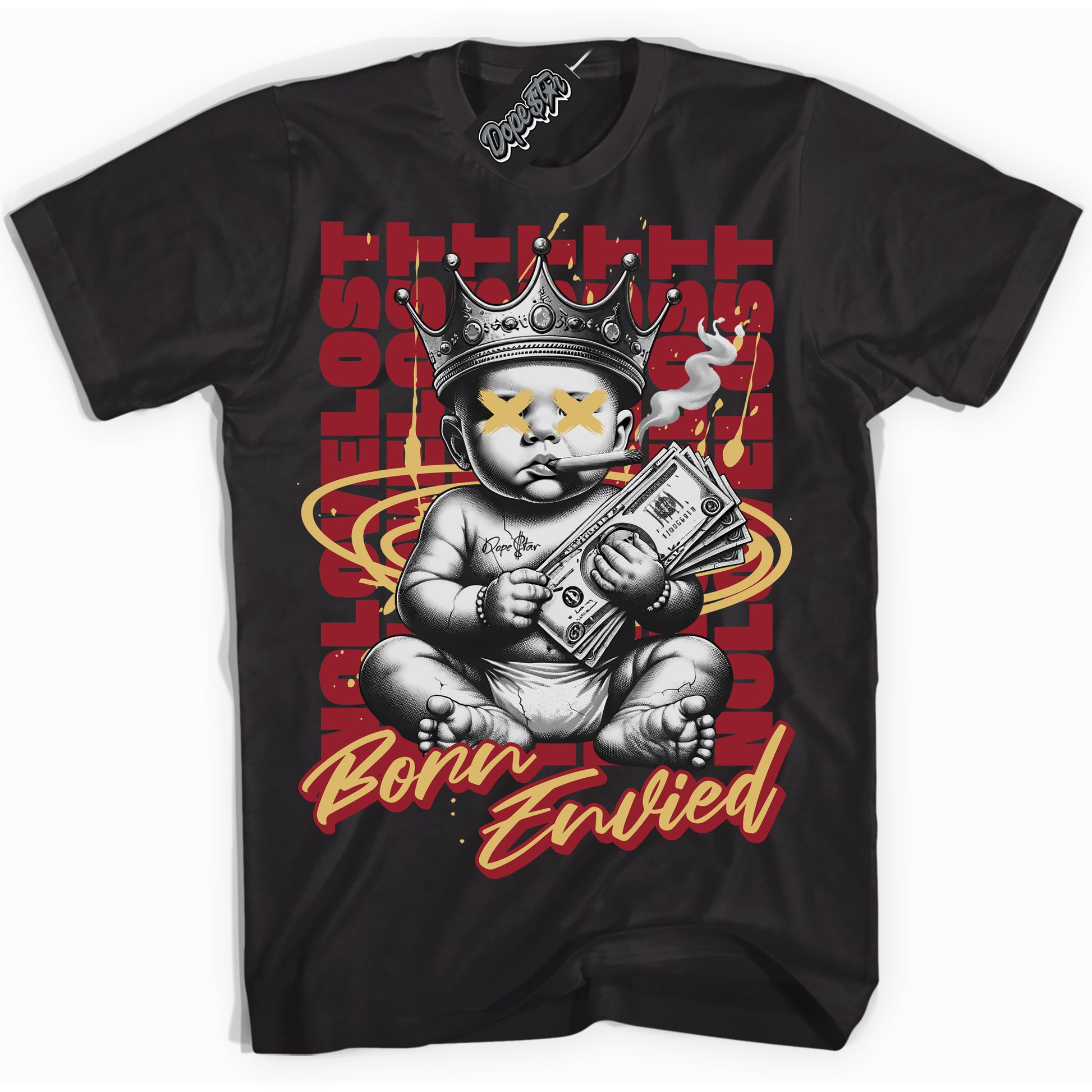 Cool Black Shirt with “Born Envied” design that perfectly matches Method of Make Gym Red Metallic Gold 1s.