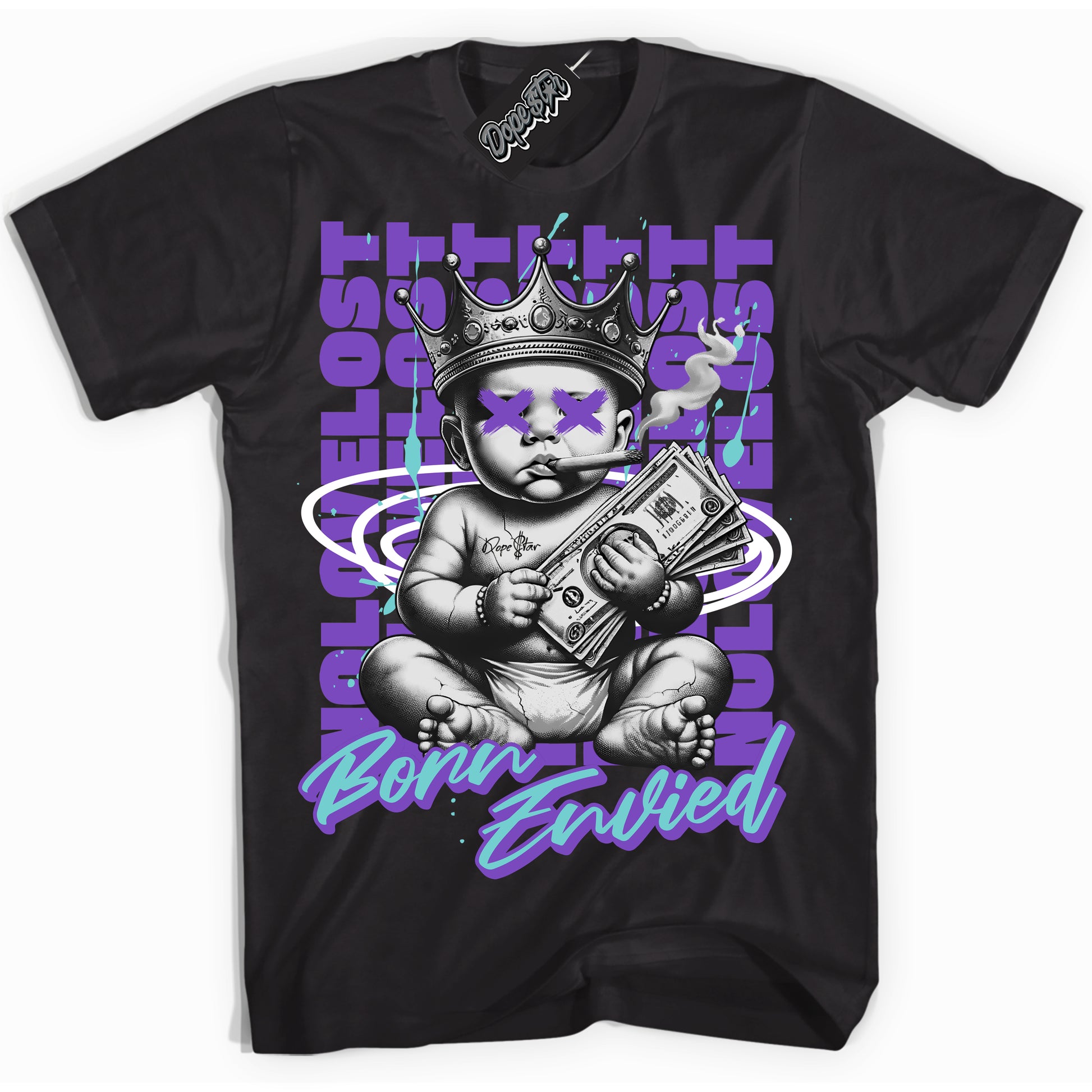 Cool Black Shirt with “Born Envied” design that perfectly matches Psychic Purple Hyper Jade 1s.