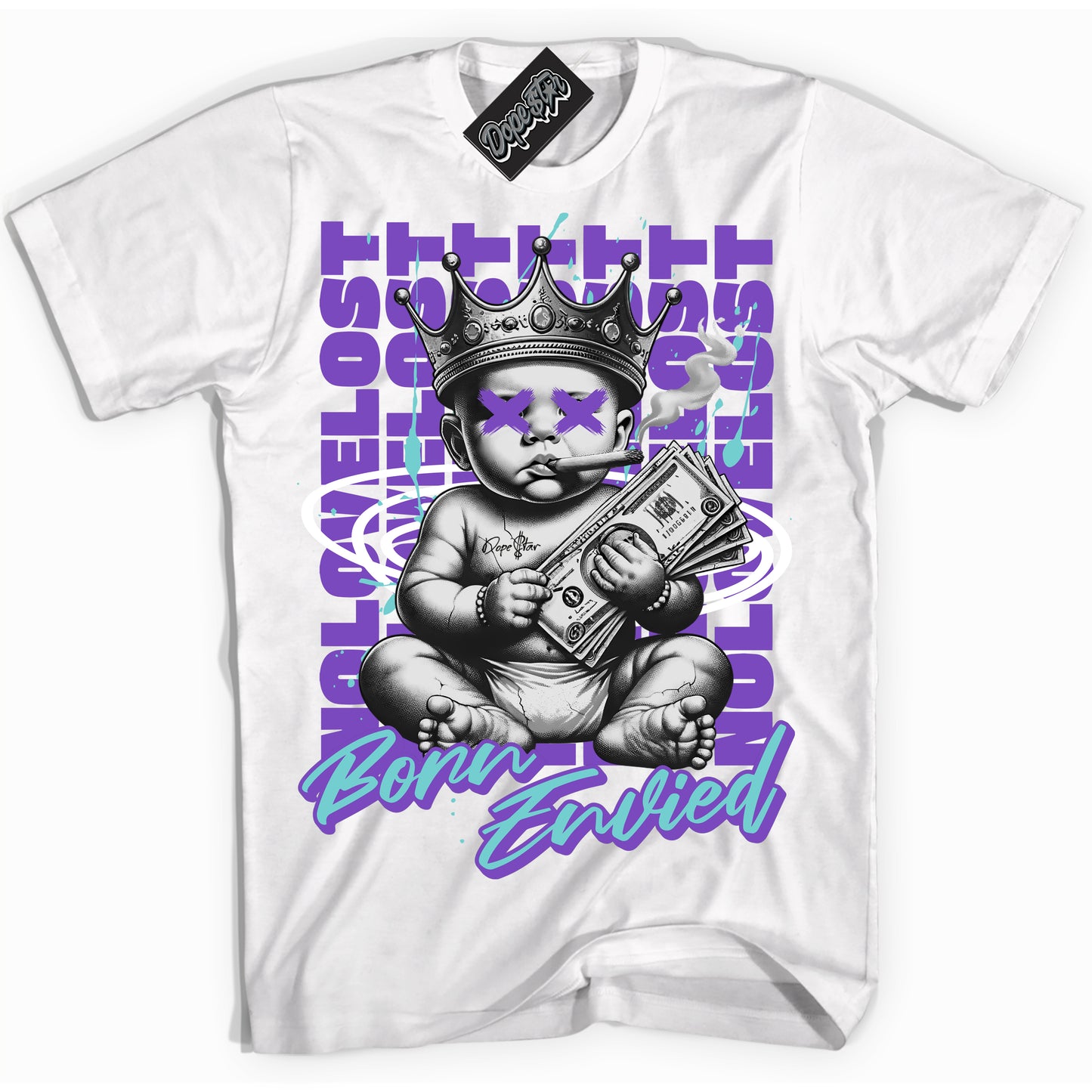Cool White Shirt with “Born Envied” design that perfectly matches Psychic Purple Hyper Jade 1s.