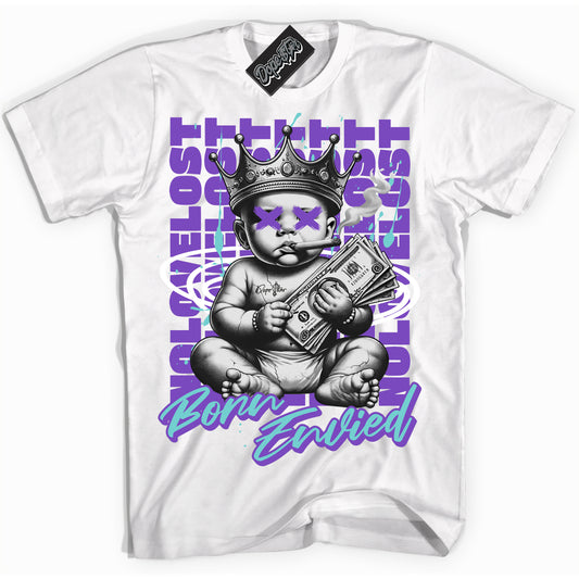 Cool White Shirt with “Born Envied” design that perfectly matches Psychic Purple Hyper Jade 1s.