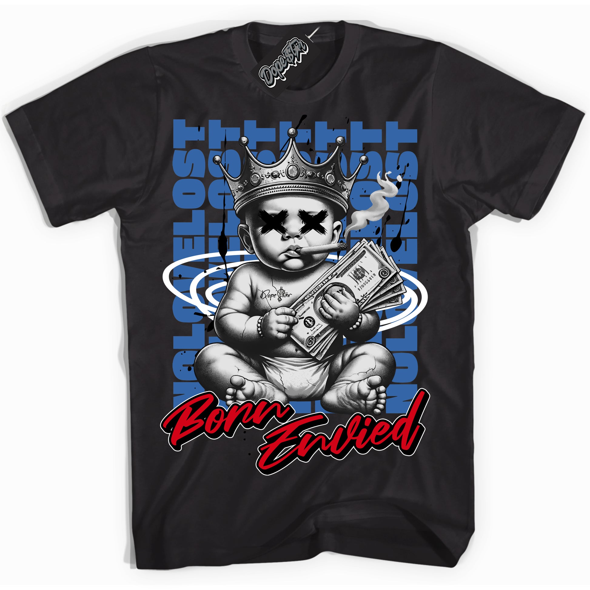 Cool Black Shirt with “Born Envied” design that perfectly matches Industrial Blue Sashiko 1s.