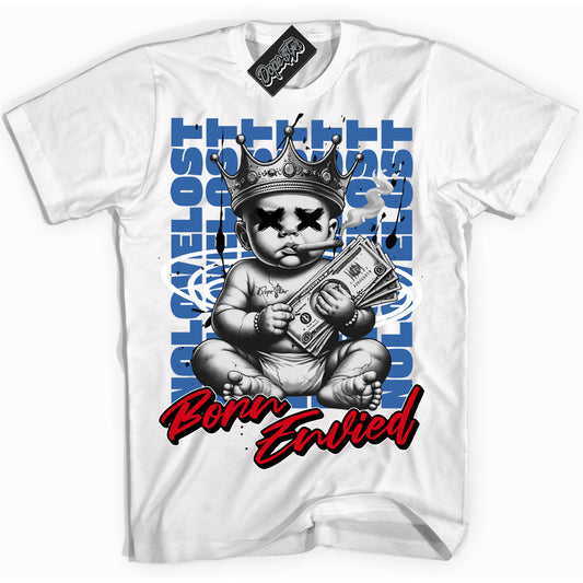Cool White Shirt with “Born Envied” design that perfectly matches Industrial Blue Sashiko 1s.