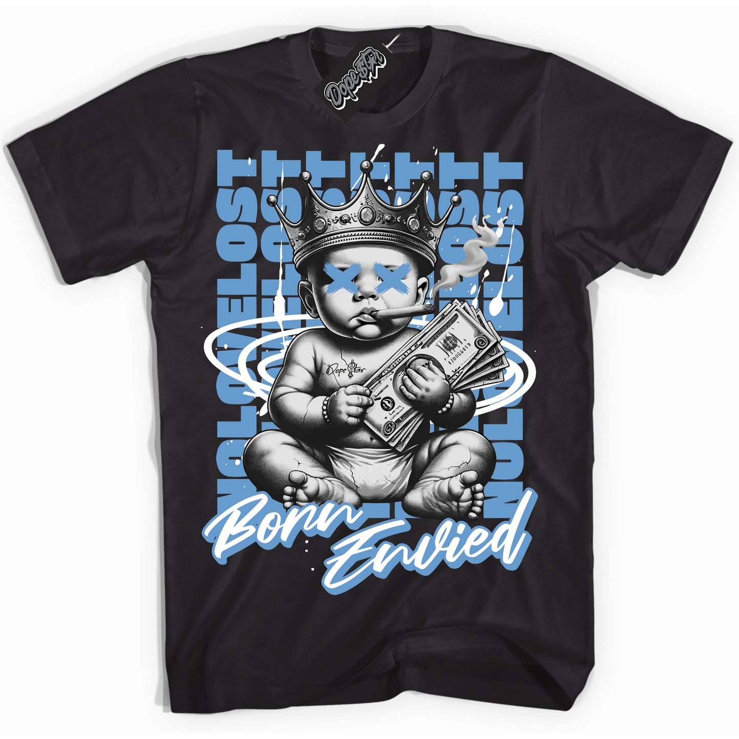 Cool Black Shirt with “Born Envied” design that perfectly matches Legend Blue 1s.