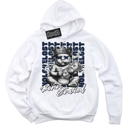 Cool White Hoodie with “Born Envied” design that Perfectly Matches Wolf Grey Midnight Navy 1s Sneakers.