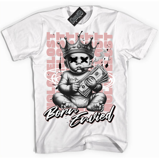 Cool White Shirt with “Born Envied” design that perfectly matches Legend Pink 1s.