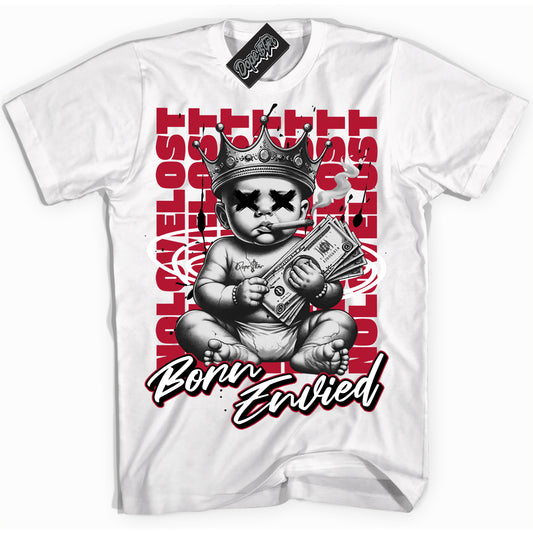 Cool White Shirt with “Born Envied” design that perfectly matches Black Toe Reimagined 1s.