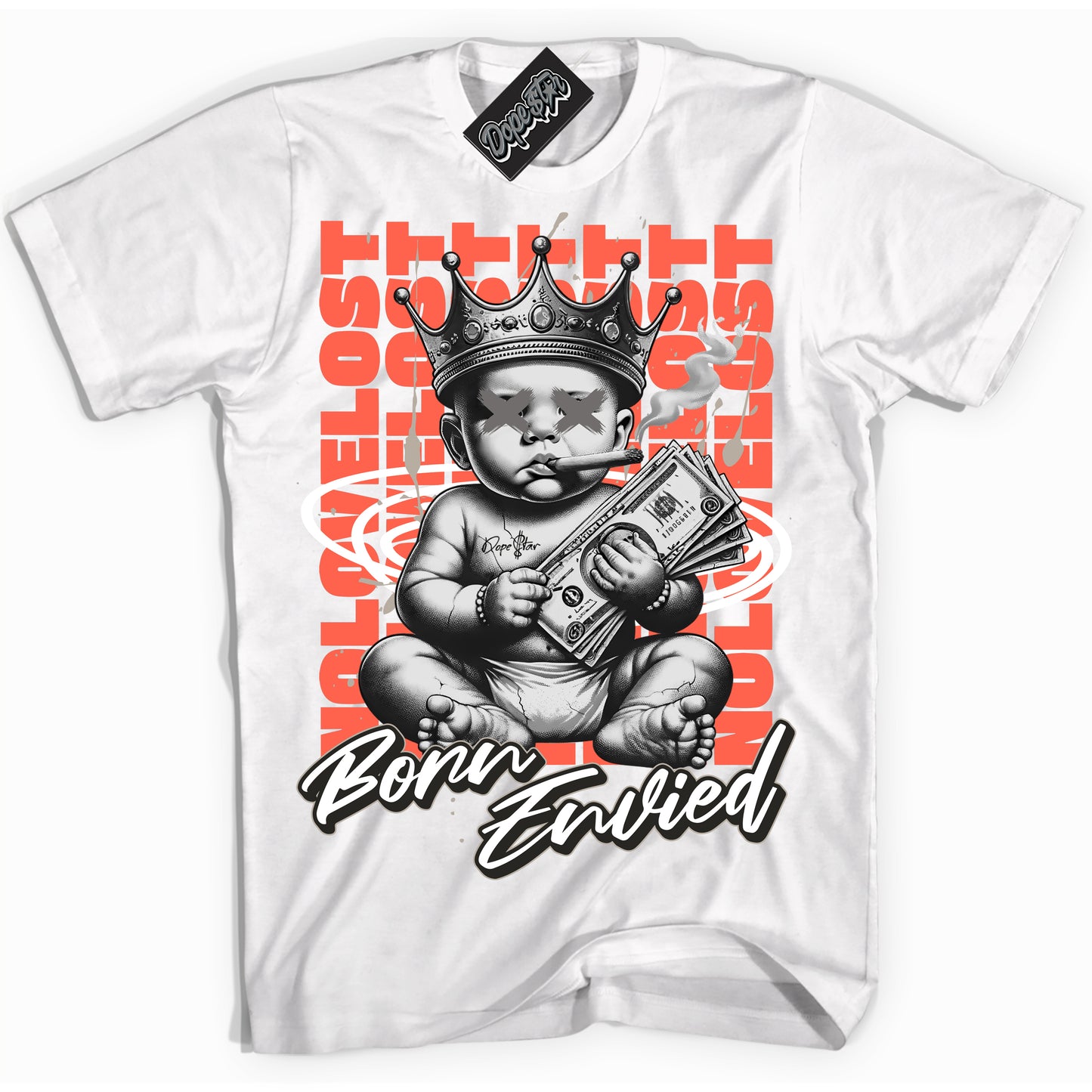 Cool White Shirt with “Born Envied” design that perfectly matches Georgia Peach 3s.