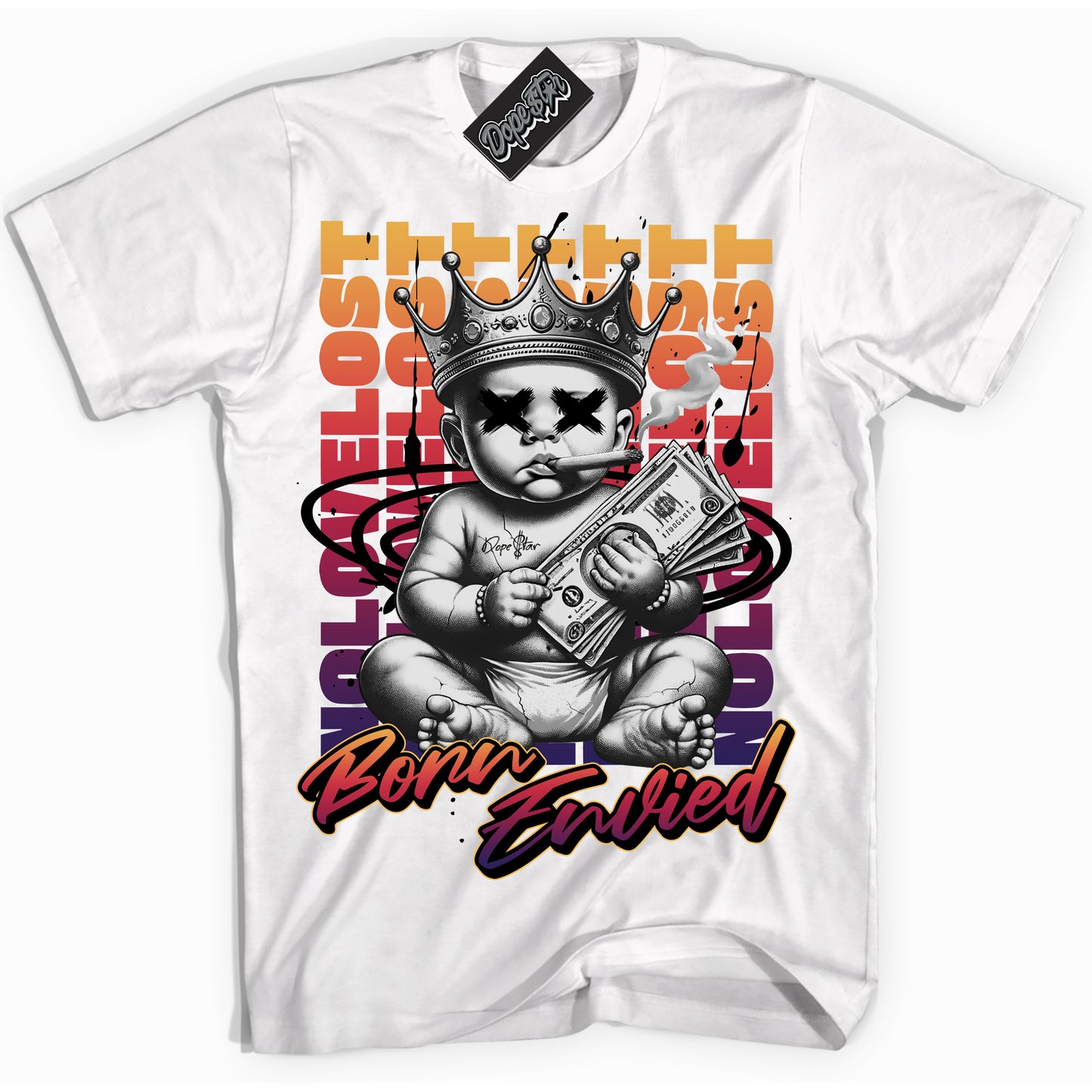 Cool White Shirt with “Born Envied” design that perfectly matches J Balvin Rio 3s.