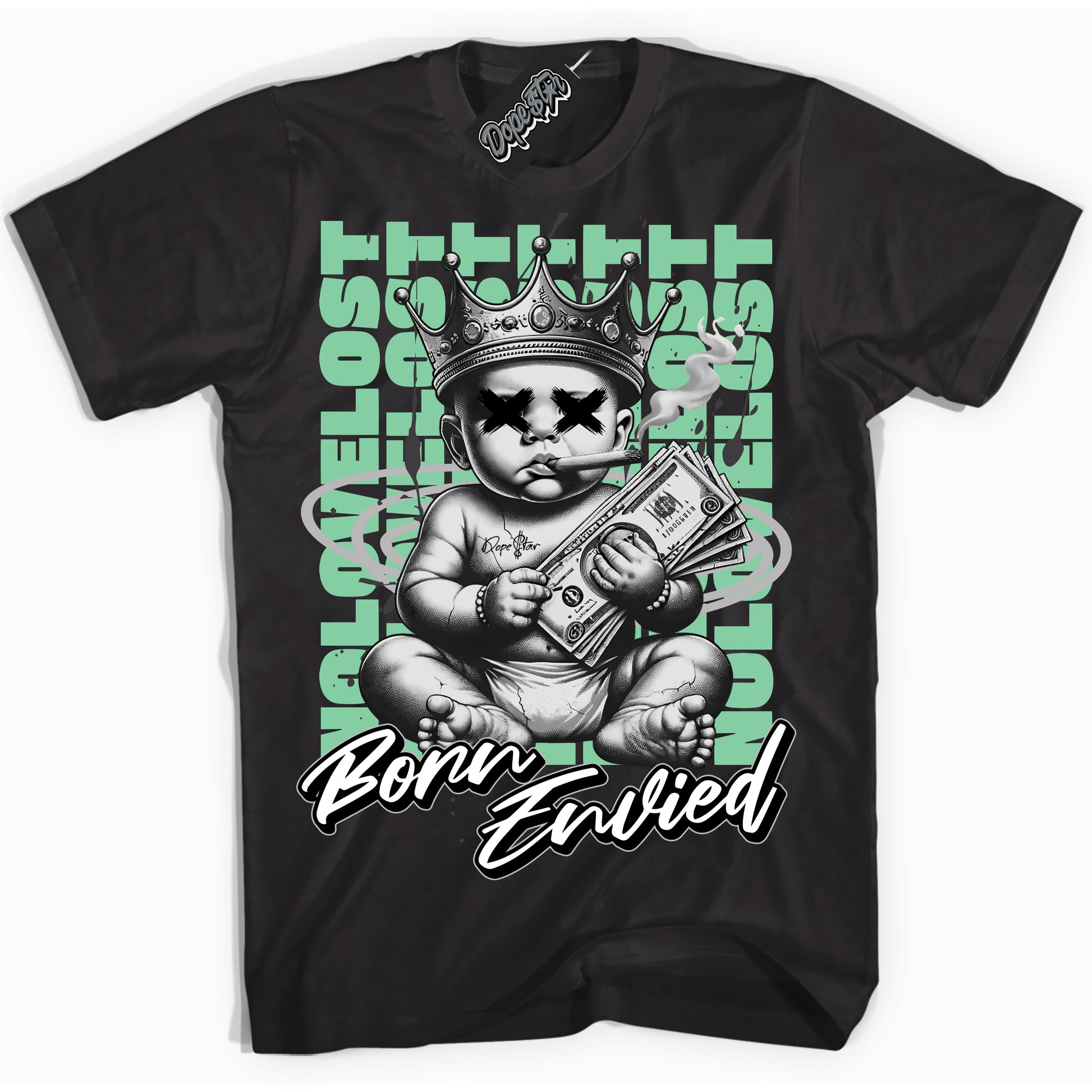 Cool Black Shirt with “Born Envied” design that perfectly matches Green Glow 3s.