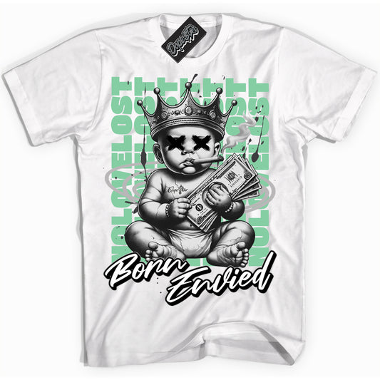 Cool White Shirt with “Born Envied” design that perfectly matches Green Glow 3s.