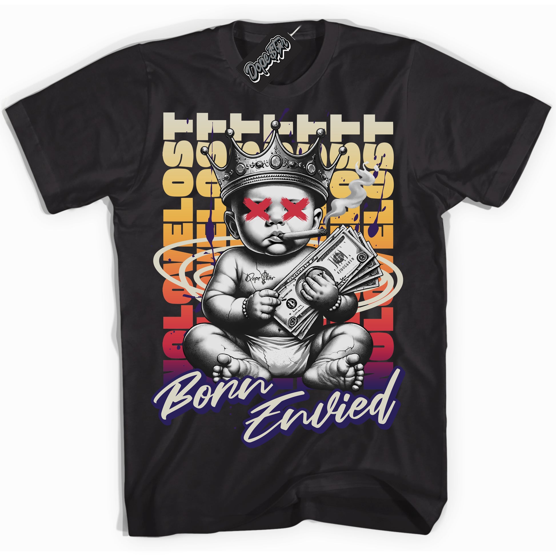Cool Black Shirt with “Born Envied” design that perfectly matches J Balvin Sunset 3s.