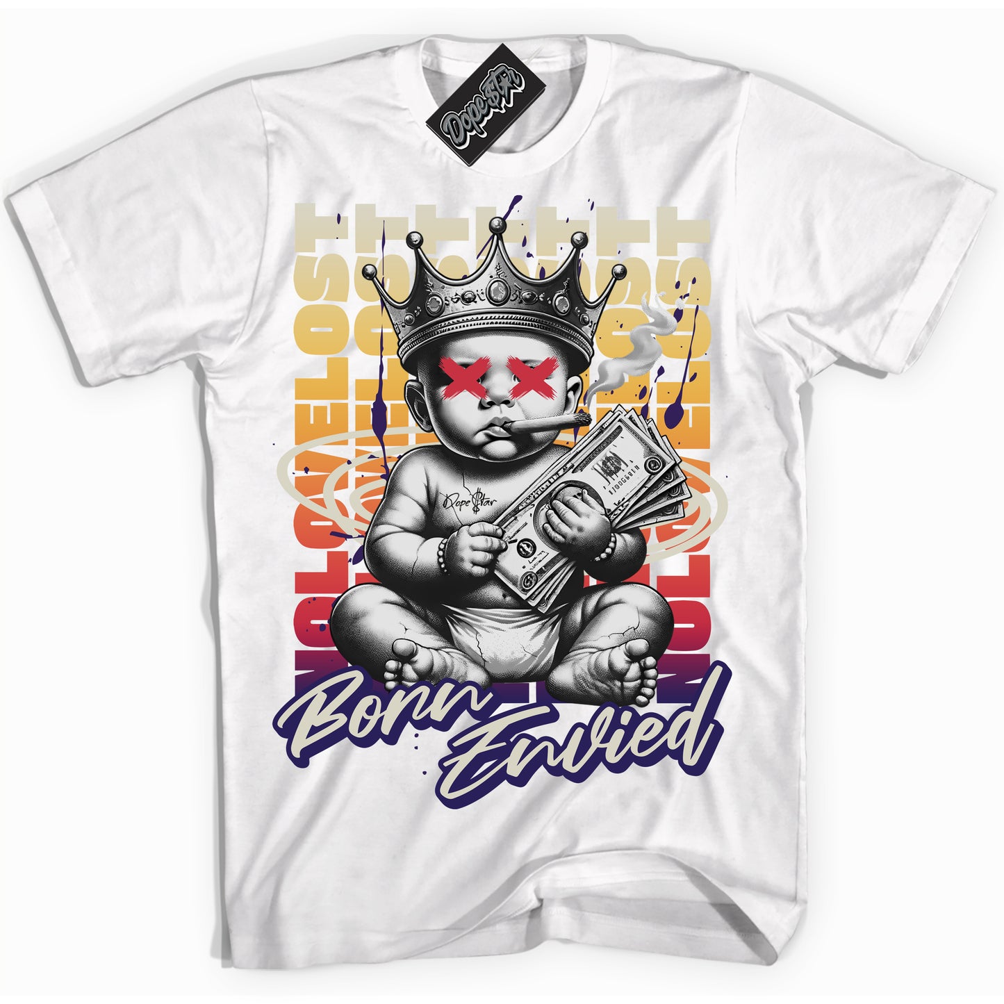 Cool White Shirt with “Born Envied” design that perfectly matches J Balvin Sunset 3s.