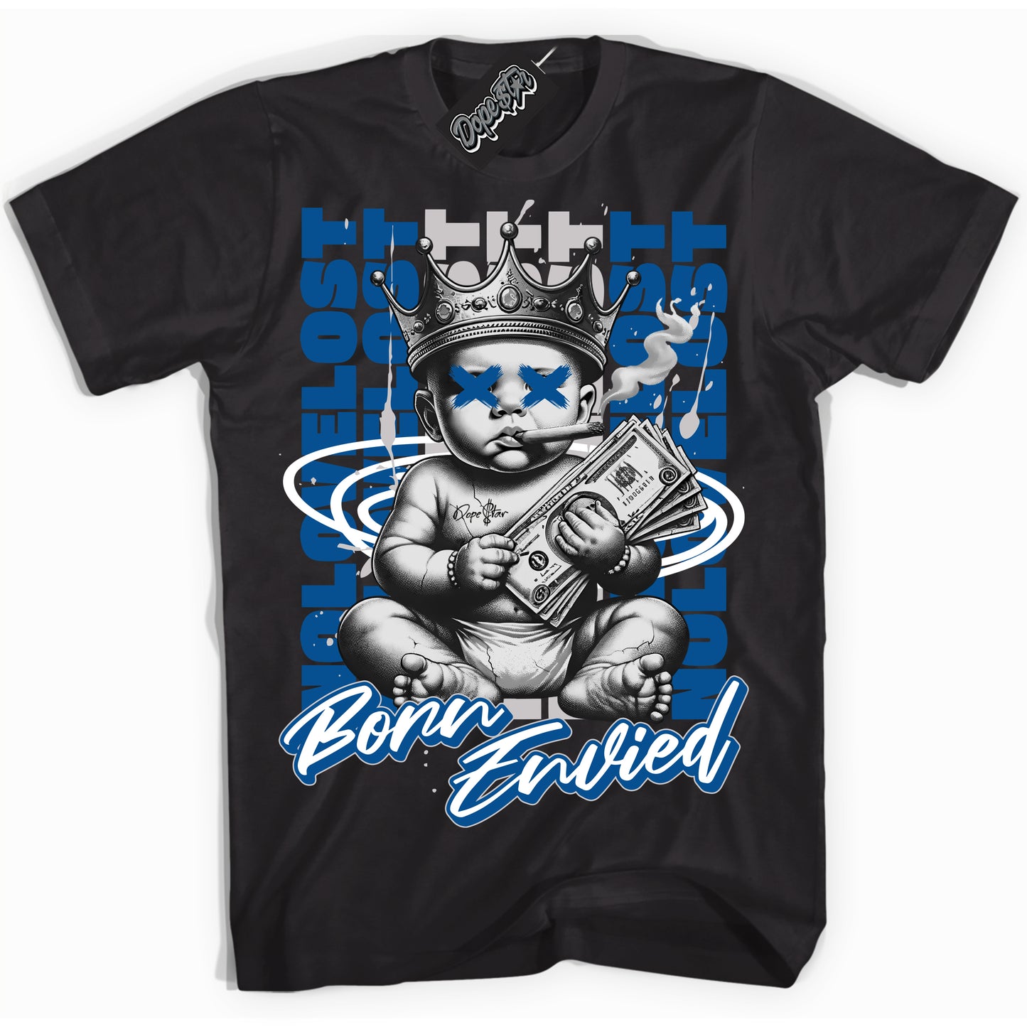 Cool Black Shirt with “Born Envied” design that perfectly matches Military Blue 4s.