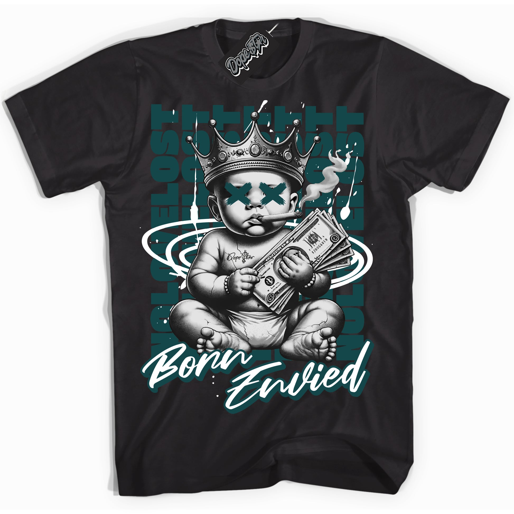 Cool Black Shirt with “Born Envied” design that perfectly matches Oxidised Green 4s.