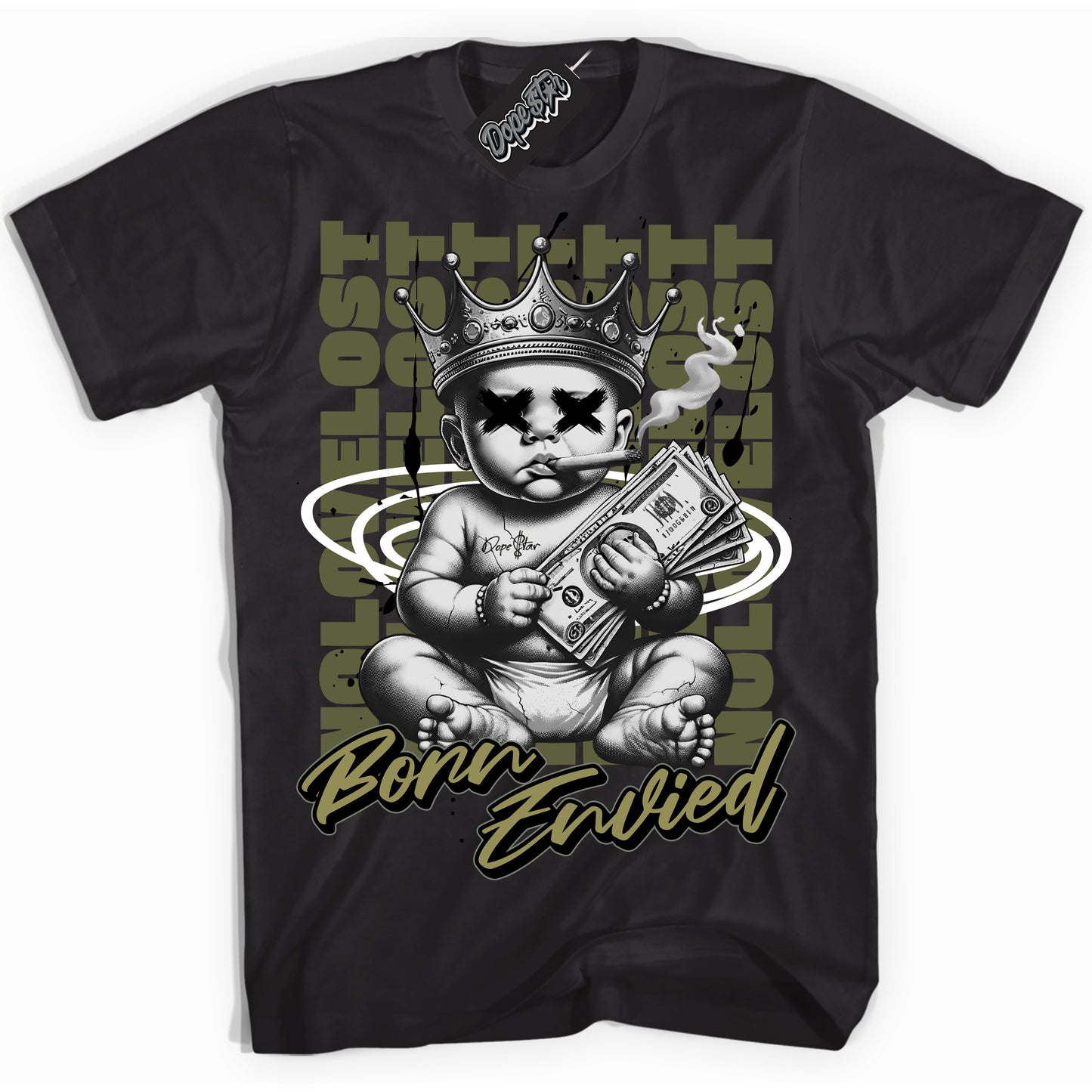 Cool Black Shirt with “Born Envied” design that perfectly matches Craft Olive 4s.