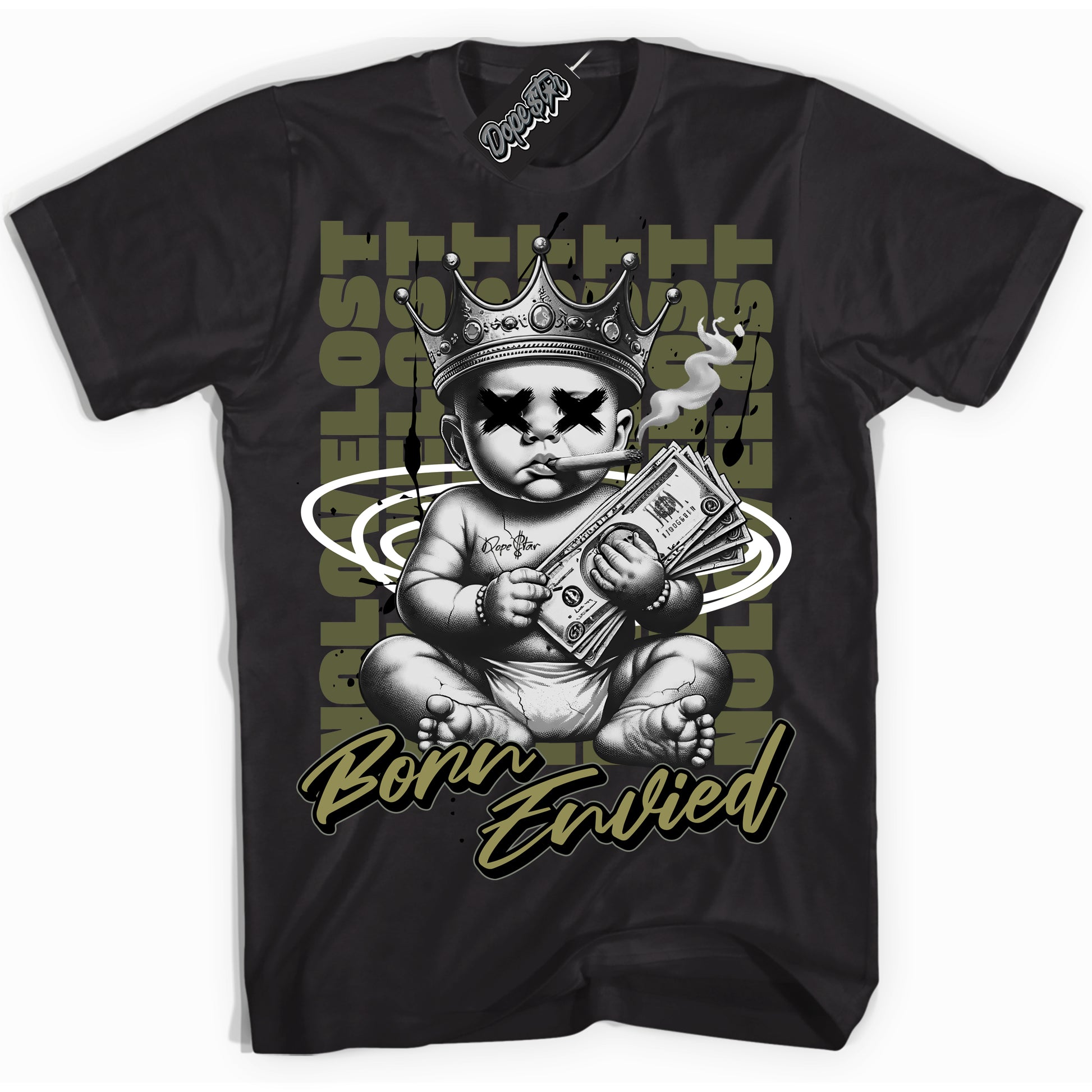 Cool Black Shirt with “Born Envied” design that perfectly matches Craft Olive 4s.