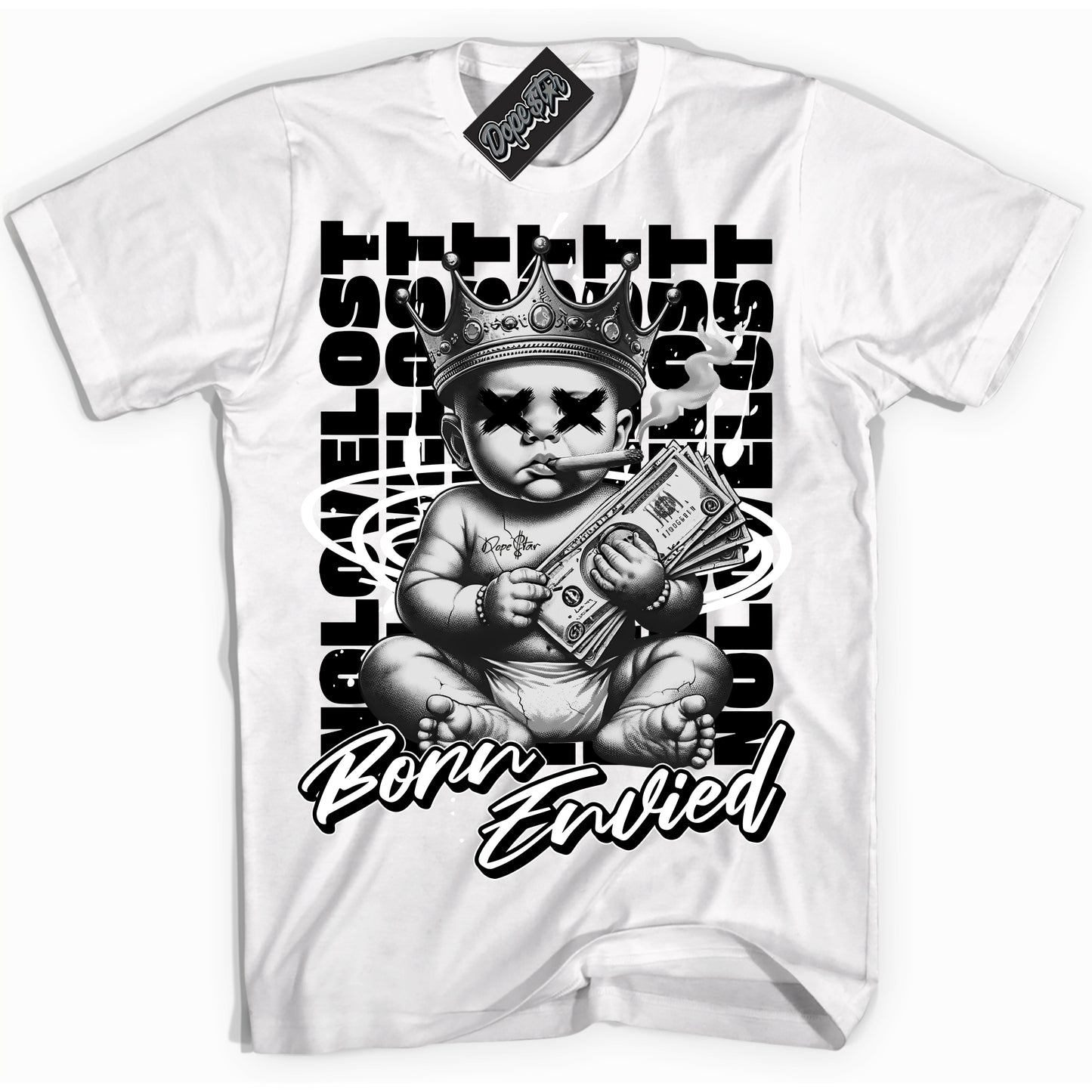 Cool White Shirt with “Born Envied” design that perfectly matches White Thunder 4s.