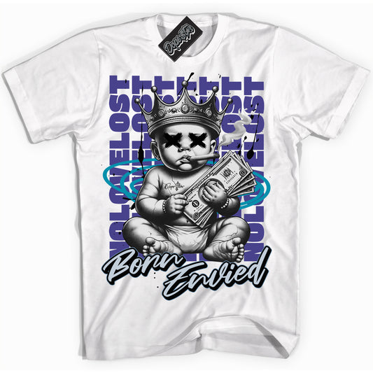 Cool White Shirt with “Born Envied” design that perfectly matches Aqua 6s.
