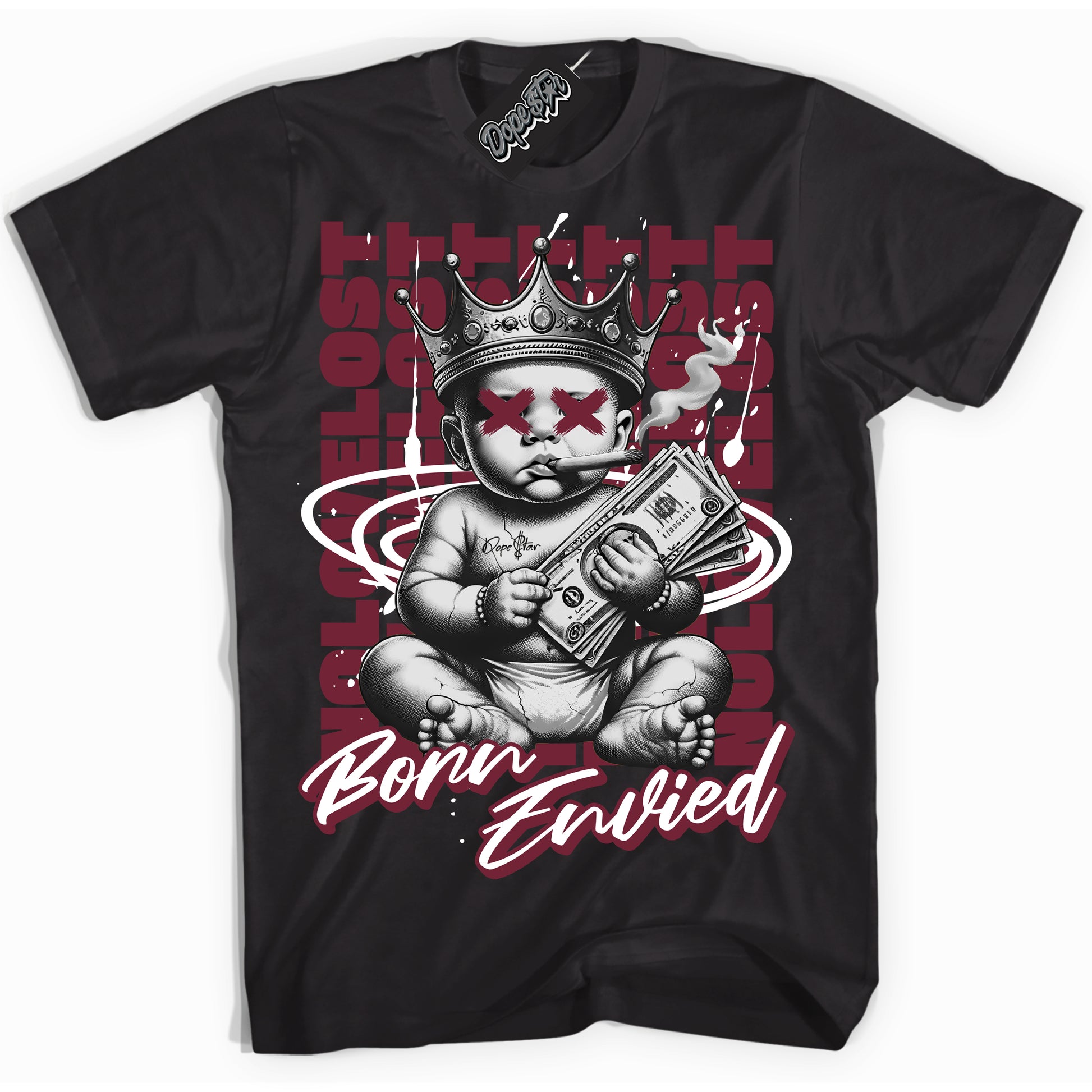 Cool Black Shirt with “Born Envied” design that perfectly matches Rings Team Red 6s.