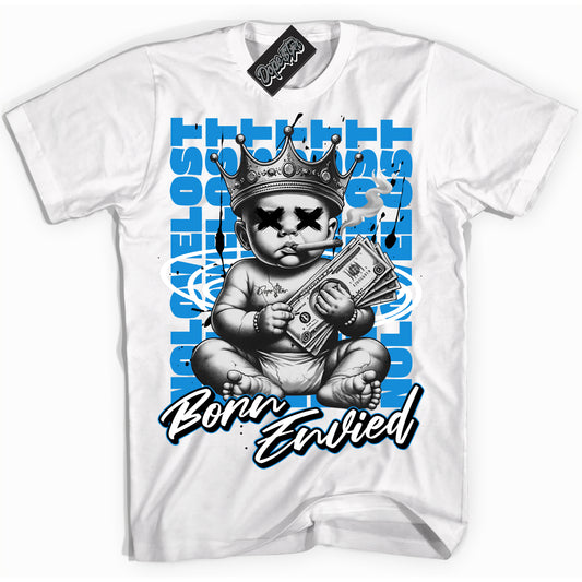 Cool White Shirt with “Born Envied” design that perfectly matches Powder Blue 9s.