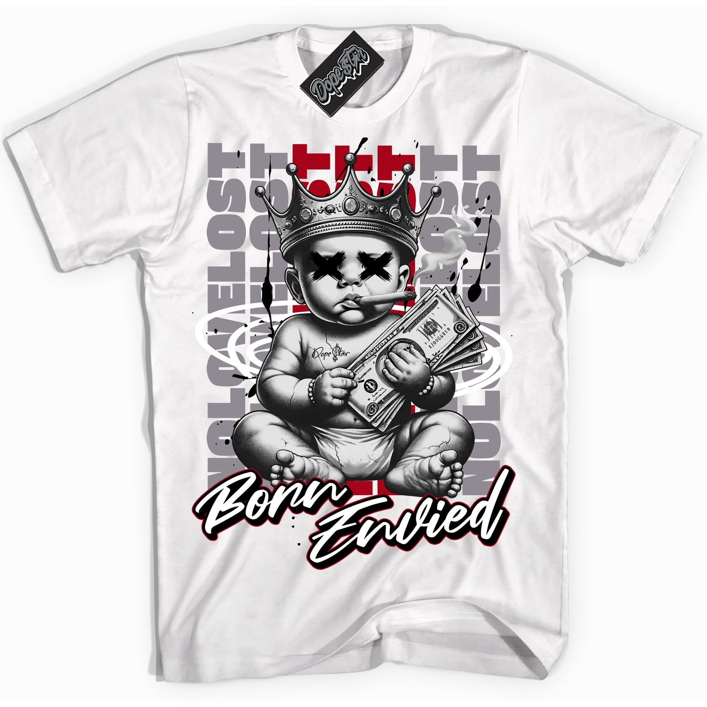 Cool White Shirt with “Born Envied” design that perfectly matches Bred Reimagined 4s.
