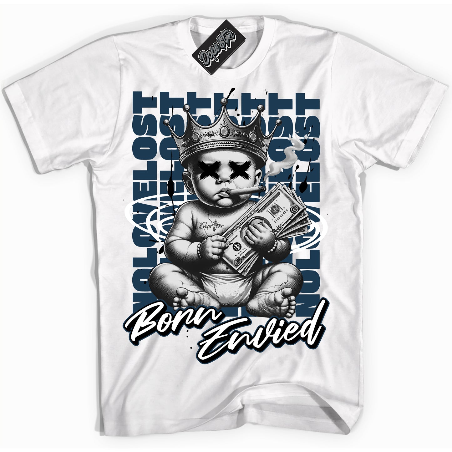 Cool White Shirt with “Born Envied” design that perfectly matches Armory Navy Dunk.