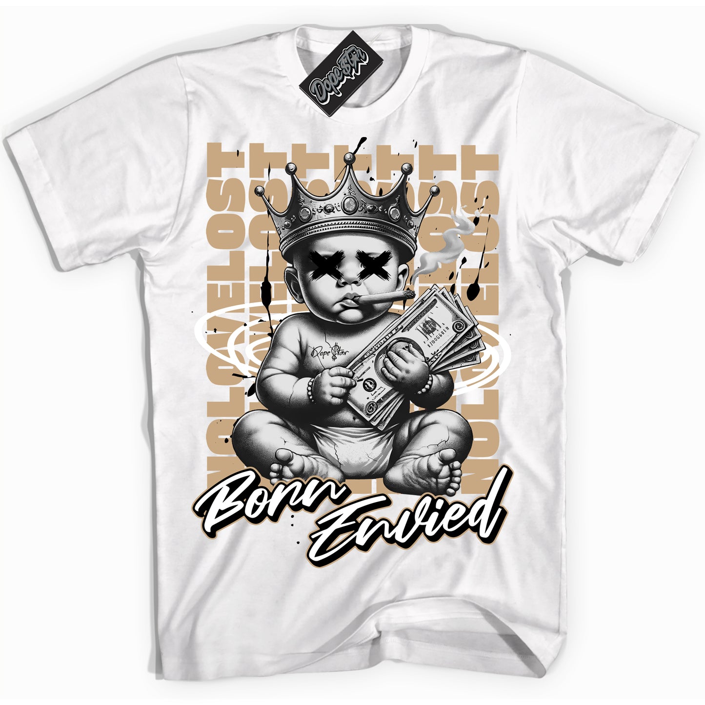 Cool White Shirt with “Born Envied” design that perfectly matches Black Anthracite Sesame Dunk.