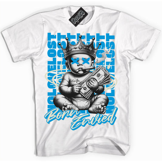 Cool White Shirt with “Born Envied” design that perfectly matches Coconut Milk University Blue Dunk.
