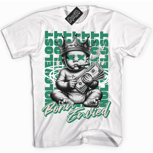 Cool White Shirt with “Born Envied” design that perfectly matches Malachite Dunk.