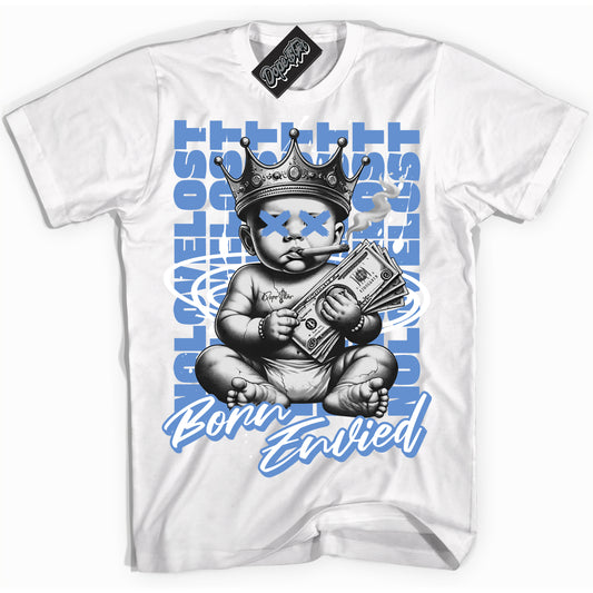 Cool White Shirt with “Born Envied” design that perfectly matches Polar Blue Dunk.