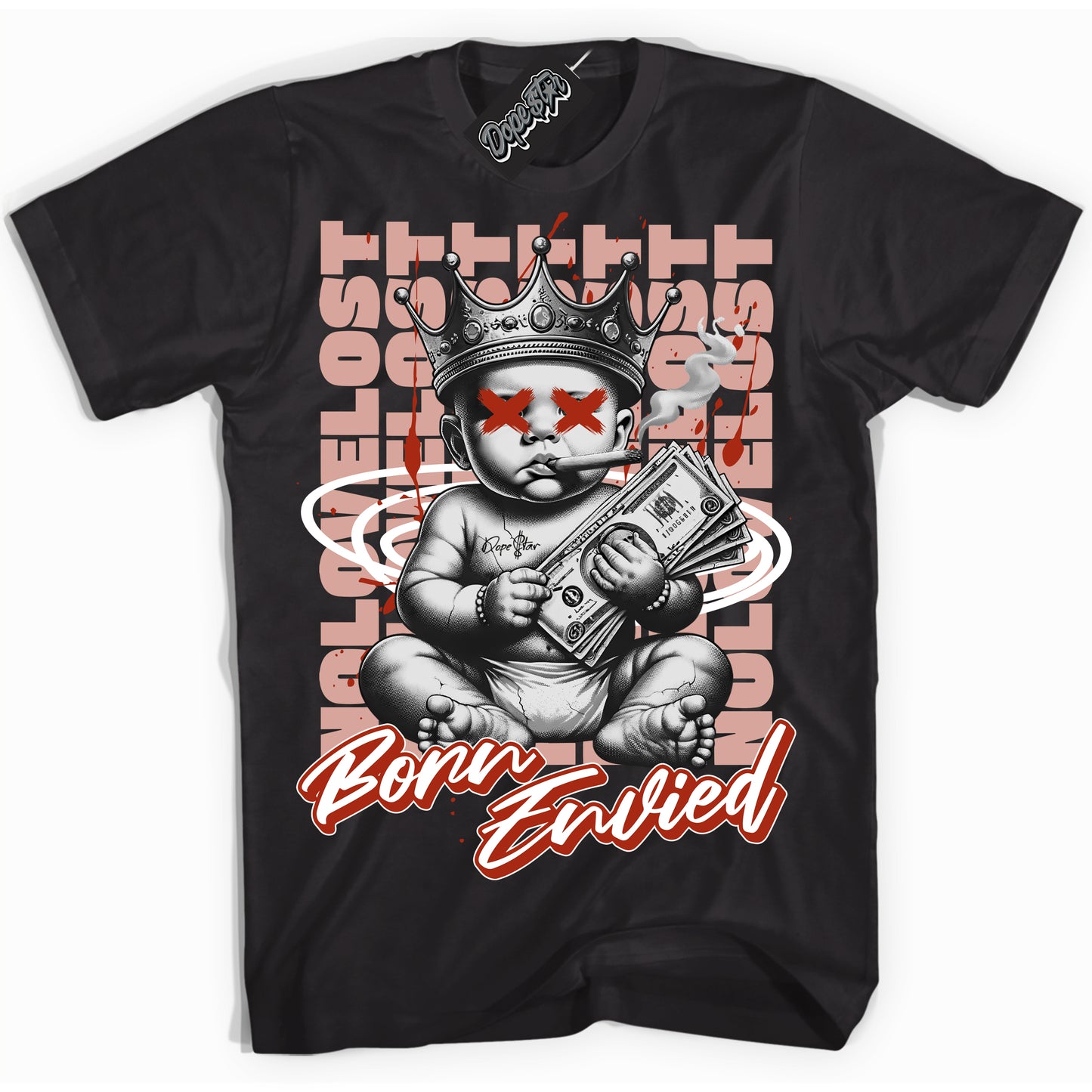 Cool Black Shirt with “Born Envied” design that perfectly matches Red Stardust Dunk.